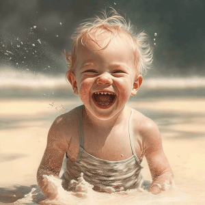 A joyful toddler playing on the Islamorada Sandbar, making it one of the best places to travel with toddlers.