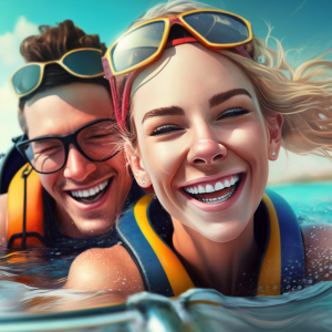 A group of excited adventurers engaging in swim, boating, and watersports at Islamorada and Key Largo with Island Adventures