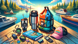 Budget-friendly gifts for boaters under $50 displayed on a dock—includes dry bag, nautical mug, compass, book, sun hat, and waterproof cards by a lake.