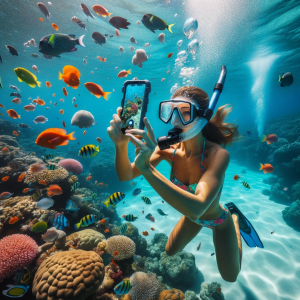 Underwater photography adventure using an underwater case for snorkeling in clear blue waters